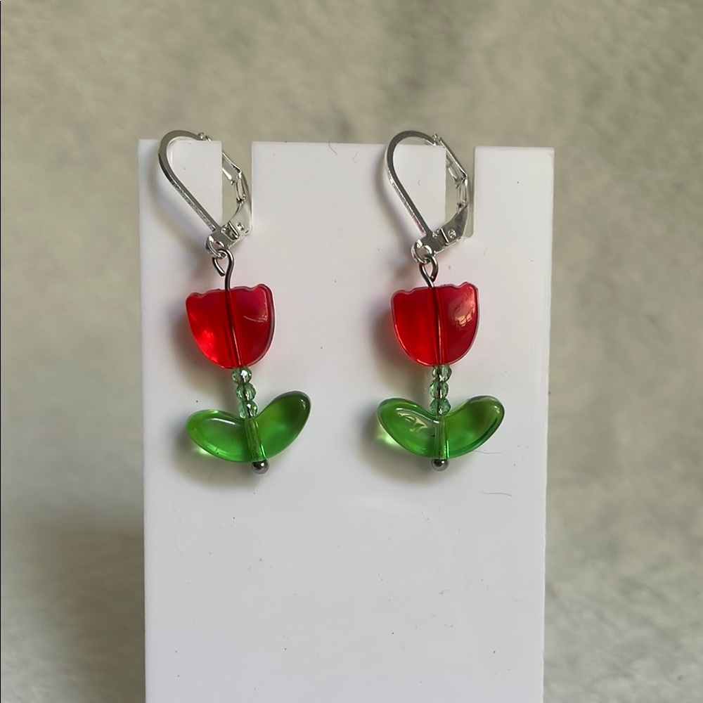 Floral Red and Green Beaded Earrings with Silver Clasps